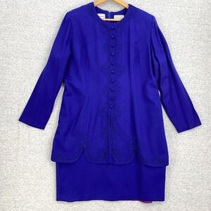 Vintage Karin Stevens Dress Womens 16 Blue One Piece Button Embroidery 80s/90s